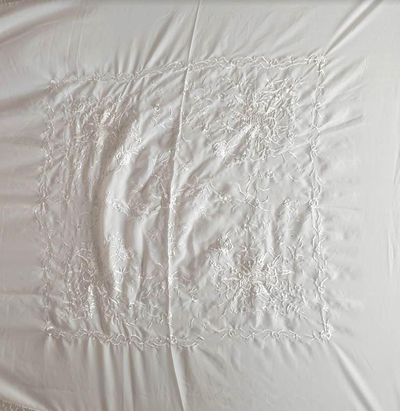 Rehearsal Manila Shawl. White with embroidery in White. 135cm X 135cm